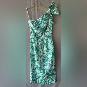 Lillie Ruben Green and White Patterned w/ sequins bow 1 shoulder neckline sz 4